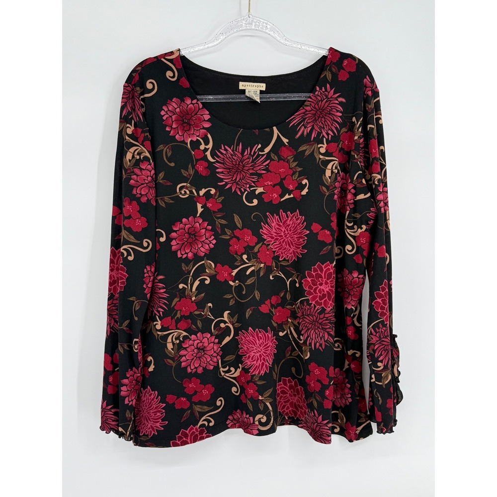 Apostrophe Womens Floral Long Sleeve Mesh Top Black Red Pink Plus Sz 16W-18W